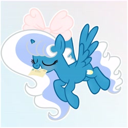 Size: 6890x6890 | Tagged: safe, artist:riofluttershy, imported from derpibooru, oc, oc only, oc:fleurbelle, alicorn, pony, alicorn oc, blushing, bow, eyes closed, female, flying, hair bow, horn, letter, mare, mouth hold, pink bow, simple background, solo, tail, two toned hair, two toned mane, two toned tail, wings