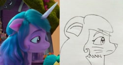 Size: 2476x1312 | Tagged: safe, artist:tom artista, imported from derpibooru, izzy moonbow, cat, pony, unicorn, catified, drawing, expressions, g5, horn, my little pony: a new generation, my little pony: make your mark, screencap reference, sketch, solo, species swap, traditional art, unicorn horn