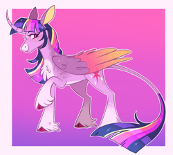 Size: 1157x1038 | Tagged: safe, artist:wanderingpegasus, imported from derpibooru, twilight sparkle, alicorn, pony, cloven hooves, colored wings, curved horn, gradient background, gradient legs, horn, large wings, leonine tail, pale belly, passepartout, raised hoof, smiling, solo, tail, twilight sparkle (alicorn), unshorn fetlocks, wings