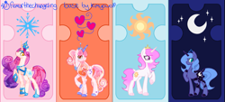 Size: 1815x822 | Tagged: safe, artist:femurthechangeling, artist:kimyowolf, imported from derpibooru, princess amore, princess celestia, princess luna, oc, oc:prince amantius, classical unicorn, crystal pony, pony, unicorn, alternate hairstyle, base used, cloven hooves, colored hooves, colored horn, concave belly, crown, cutie mark, female, filly, filly celestia, filly luna, gradient mane, gradient tail, hooves, horn, jewelry, leonine tail, long mane, looking at you, looking down, looking down at you, mare, pink-mane celestia, princess amore's cutie mark, princess celestia's cutie mark, princess luna's cutie mark, race swap, raised hoof, regalia, royalty, s1 luna, slender, tail, thin, unicorn celestia, unicorn luna, unshorn fetlocks, wingless, wingless alicorn, younger