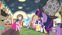 Size: 1280x720 | Tagged: safe, imported from derpibooru, screencap, applejack, fluttershy, mulia mild, pinkie pie, rainbow dash, rarity, twilight sparkle, earth pony, hybrid, mule, pegasus, unicorn, mmmystery on the friendship express, bowler hat, deerstalker, detective, female, hair grab, hair pulling, hat, horn, hub logo, indoors, logo, mane six, mouth hold, sherlock sparkle, the hub, train, unicorn twilight