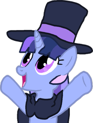 Size: 529x703 | Tagged: safe, oc, oc:flawless sparklemoon, pony, unicorn, armpits, cape, cloak, clothes, cute, female, hat, hooves in air, joy, looking up, mare, open mouth, open smile, rainbowshining, raised hoof, smiling, snowpity, top hat, visible snowpity