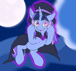 Size: 2560x2364 | Tagged: safe, artist:luxsimx, imported from derpibooru, oc, oc:flawless sparklemoon, pony, unicorn, cape, clothes, female, hat, horn, mare, moon, night, solo