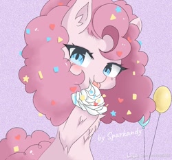 Size: 1125x1047 | Tagged: safe, artist:kandy78626, imported from derpibooru, pinkie pie, earth pony, pony, abstract background, bilibili, chest fluff, confetti in mane, cream, eating, female, licking, looking at you, mare, solo, text, tongue out