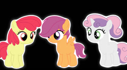 Size: 1200x666 | Tagged: safe, artist:harriet0105, imported from derpibooru, apple bloom, scootaloo, sweetie belle, earth pony, pegasus, pony, unicorn, black background, cutie mark crusaders, female, filly, foal, horn, outline, simple background, trio, trio female, white outline