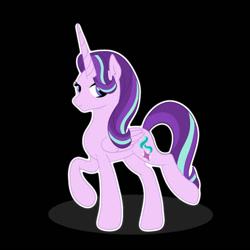 Size: 894x894 | Tagged: safe, artist:harriet0105, imported from derpibooru, starlight glimmer, alicorn, pony, alicornified, black background, female, horn, long horn, mare, outline, race swap, simple background, slender, solo, standing on two hooves, starlicorn, thin, white outline, xk-class end-of-the-world scenario