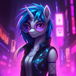 Size: 1024x1024 | Tagged: safe, imported from derpibooru, dj pon-3, vinyl scratch, anthro, unicorn, ai content, ai generated, bust, clothes, female, generator:google imagen 3.0, horn, looking at you, neon, piercing, portrait, prompter:zerowinger, solo, sunglasses, vest