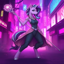 Size: 1024x1024 | Tagged: safe, imported from derpibooru, starlight glimmer, anthro, unguligrade anthro, unicorn, ai content, ai generated, city, clothes, female, generator:google imagen 3.0, horn, neon, neon sign, prompter:zerowinger, skirt, solo, staff