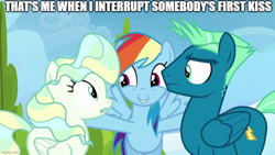 Size: 2966x1667 | Tagged: safe, edit, edited screencap, imported from derpibooru, screencap, rainbow dash, sky stinger, vapor trail, pegasus, pony, top bolt, caption, female, image macro, imgflip, male, mare, meme, stallion, text, trio