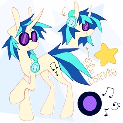 Size: 2048x2048 | Tagged: safe, artist:volchok, imported from derpibooru, dj pon-3, vinyl scratch, pony, unicorn, abstract background, arrow, beanbrows, bust, eyebrows, female, full body, gender headcanon, glasses, headphones, high res, horn, mare, music notes, raised hoof, record, smiling, solo, stars, text, thin, vinyl's glasses, vinyl's headphones, vulgar