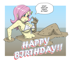 Size: 1994x1730 | Tagged: safe, artist:oldskullkid, imported from derpibooru, fluttershy, equestria girls, belly, belly button, bikini, bikini top, birthday gift, blushing, breasts, busty fluttershy, butterfly hairpin, clothes, female, mud, quicksand, speech bubble, swimsuit, text