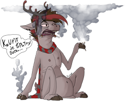 Size: 2208x1791 | Tagged: safe, artist:baccizoof, imported from derpibooru, oc, oc only, deer, cigarette, clothes, cloven hooves, ear piercing, earring, hoof hold, jewelry, male, nipples, nudity, piercing, scarf, simple background, sitting, smoke, smoking, transparent background, unshorn fetlocks