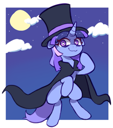 Size: 1273x1441 | Tagged: safe, artist:deerie, imported from derpibooru, oc, oc only, oc:flawless sparklemoon, pony, unicorn, bipedal, cloak, clothes, hat, horn, moon, night, top hat