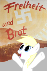 Size: 472x720 | Tagged: safe, edit, editor:marefieber, imported from twibooru, oc, oc:aryanne, earth pony, pony, earth pony oc, female, field, german text, happy, hooves in air, hooves up, image, looking up, mare, national socialism, nazi, open mouth, open smile, png, poster, rainbowshining, raised hoof, raised hooves, sky, smiling, solo, sun, sunrise, swastika, text