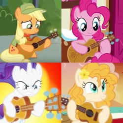 Size: 1280x1280 | Tagged: safe, edit, edited screencap, imported from derpibooru, screencap, applejack, pear butter, pinkie pie, rarity, guitar, musical instrument, younger