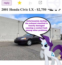 Size: 1125x1176 | Tagged: safe, edit, imported from derpibooru, rarity, pony, unicorn, car, english, female, horn, irl, mare, photo, raised hoof, solo, text