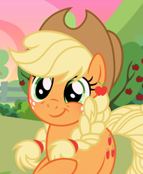 Size: 1080x1317 | Tagged: safe, artist:cstrawberrymilk, imported from derpibooru, applejack, earth pony, pony, applejack's hat, braid, braided tail, cowboy hat, cute, daaaaaaaaaaaw, female, hat, jackabetes, outdoors, solo, tail