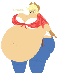 Size: 1280x1584 | Tagged: safe, artist:miss-britt, artist:robmaul02, imported from derpibooru, applejack, equestria girls, applefat, belly, belly button, belt, big belly, big breasts, bra, breasts, busty applejack, clothes, fat, female, freckles, hat, huge belly, huge breasts, morbidly obese, obese, shirt, tight clothing, underwear