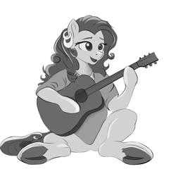 Size: 4000x4000 | Tagged: safe, artist:irschy, imported from derpibooru, earth pony, pony, clothes, ear piercing, earring, female, guitar, hoof hands, jewelry, mare, monochrome, musical instrument, open mouth, piercing, shirt, simple background, solo, underhoof