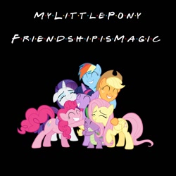 Size: 1280x1280 | Tagged: safe, artist:mlpfan3991, imported from derpibooru, applejack, fluttershy, pinkie pie, rainbow dash, rarity, spike, twilight sparkle, alicorn, dragon, earth pony, pegasus, unicorn, black background, f.r.i.e.n.d.s, female, horn, hug, male, mane six, simple background, twilight sparkle (alicorn)