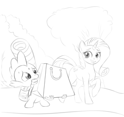 Size: 2905x2755 | Tagged: safe, artist:irschy, imported from derpibooru, rarity, spike, dragon, pony, unicorn, backpack, bag, carrying, duo, female, horn, male, mare, sketch