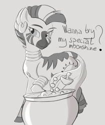 Size: 840x1000 | Tagged: safe, artist:irschy, imported from derpibooru, zecora, zebra, brew, cauldron, female, mare, monochrome, mushroom, sketch, smiling, solo, text