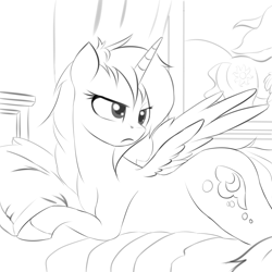 Size: 4000x4000 | Tagged: safe, artist:irschy, imported from derpibooru, princess celestia, princess luna, alicorn, pony, bed, bed hair, butt, duo, female, grumpy, mare, royal sisters, siblings, sisters, sketch, sunbutt, window