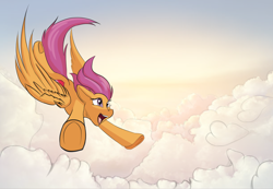 Size: 1500x1036 | Tagged: safe, artist:irschy, imported from derpibooru, scootaloo, pegasus, pony, cloud, female, flying, mare, older, older scootaloo, open mouth, open smile, scootaloo can fly, sky, smiling, solo