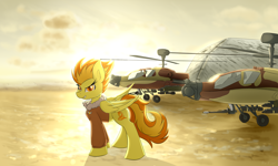 Size: 2500x1500 | Tagged: safe, artist:rejiser, imported from derpibooru, spitfire, pegasus, pony, ah-64 apache, attack helicopter, bomber jacket, clothes, desert, female, jacket, mare, smiling, solo