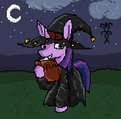 Size: 596x584 | Tagged: safe, artist:damset, imported from derpibooru, twilight sparkle, alicorn, unicorn, book, clothes, cloud, digital art, female, horn, mlp fim's fourteenth anniversary, moon, ms paint, night, nightmare night, pixel art, solo, stars, witch