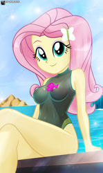 Size: 922x1548 | Tagged: safe, artist:charliexe, fluttershy, equestria girls, beach, breasts, clothes, female, one-piece swimsuit, solo, solo female, swimsuit