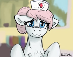 Size: 1363x1070 | Tagged: safe, artist:reddthebat, imported from derpibooru, nurse redheart, earth pony, pony, bust, chest fluff, female, floppy ears, lidded eyes, looking at you, mare, signature, smiling, smiling at you, solo