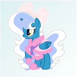 Size: 6890x6890 | Tagged: safe, artist:riofluttershy, imported from derpibooru, oc, oc only, oc:fleurbelle, alicorn, pony, alicorn oc, blue background, blushing, bow, clothes, dressing gown, female, hair bow, horn, mare, pink bow, simple background, slippers, solo, tail, two toned hair, two toned mane, two toned tail, wings, yellow eyes