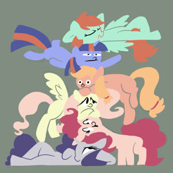 Size: 1500x1500 | Tagged: safe, artist:docwario, imported from derpibooru, applejack, fluttershy, pinkie pie, rainbow dash, rarity, twilight sparkle, earth pony, pegasus, pony, unicorn, female, limited palette, mane six, mare, simple background, stack, unicorn twilight