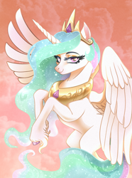 Size: 1668x2236 | Tagged: safe, artist:byefella, imported from derpibooru, princess celestia, alicorn, pony, absurd resolution, beautiful, cloud, concave belly, crepuscular rays, crown, cute, digital art, ethereal mane, ethereal tail, eyelashes, eyeshadow, feather, female, flowing mane, flowing tail, gem, glowing, happy, hoof shoes, horn, jewelry, lidded eyes, looking at you, makeup, mare, peytral, pink eyes, princess shoes, regalia, signature, sky, smiling, smiling at you, solo, sparkles, spread wings, stars, sun, sunlight, tail, unshorn fetlocks, wings