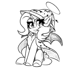 Size: 2000x2000 | Tagged: safe, artist:jubyskylines, imported from derpibooru, trixie, pony, unicorn, bat wings, big eyelashes, black and white, cape, cardboard wings, chest fluff, clothes, costume, fake wings, grayscale, halloween, halloween costume, hat, holiday, horn, monochrome, simple background, solo, white background, wings