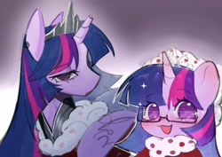 Size: 2160x1529 | Tagged: safe, artist:moshuijiumu, imported from derpibooru, twilight sparkle, alicorn, pony, blushing, body armor, broken horn, chibi, clothes, crown, female, glasses, gradient background, hat, horn, jewelry, mare, older, older twilight, older twilight sparkle (alicorn), regalia, sparkles, twilight sparkle (alicorn), upper body, winter outfit