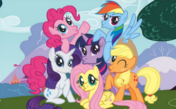 Size: 1024x640 | Tagged: safe, artist:christophr1, imported from derpibooru, applejack, fluttershy, pinkie pie, rainbow dash, rarity, twilight sparkle, earth pony, pegasus, pony, unicorn, duckface, female, mane six, mane six opening poses, mare, unicorn twilight