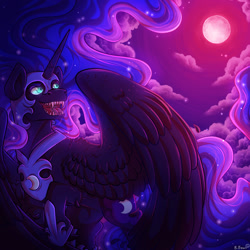 Size: 1000x1000 | Tagged: safe, artist:binibean, imported from derpibooru, nightmare moon, alicorn, pony, blood moon, ethereal mane, female, mare, moon, night, sharp teeth, signature, solo, speedpaint available, teeth