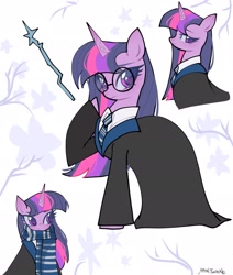 Size: 1735x2048 | Tagged: safe, imported from derpibooru, twilight sparkle, pony, unicorn, clothes, fanart, glasses, harry potter, harry potter (series), horn, scarf, wand