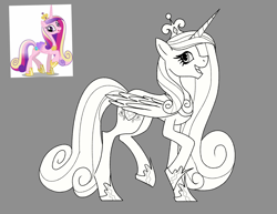 Size: 3300x2550 | Tagged: safe, artist:itsmaye07, imported from derpibooru, princess cadance, alicorn, pony, concave belly, crown, eyelashes, female, folded wings, gray background, hoof shoes, jewelry, long mane, looking at you, looking sideways, mare, monochrome, open mouth, open smile, peytral, princess shoes, reference used, regalia, side view, simple background, slender, smiling, solo, standing on two hooves, thin, wings