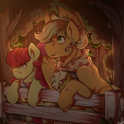 Size: 1000x1000 | Tagged: safe, artist:binibean, imported from derpibooru, apple bloom, applejack, earth pony, pony, the last problem, cider mug, duo, female, fence, mare, mug, older, older apple bloom, older applejack, signature, speedpaint available, sweet apple acres