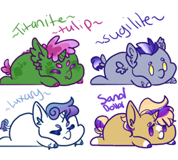 Size: 2000x1800 | Tagged: safe, artist:cactiflowers, imported from derpibooru, oc, oc only, oc:luxury de contenu de coeur, oc:sand dollar, oc:sugilite, oc:titanite tulip, dracony, dragon, hybrid, pony, base used, cute, dot eyes, interspecies offspring, lying down, offspring, parent:fancypants, parent:rarity, parent:spike, parent:thunderlane, parent:trenderhoof, parents:rarilane, parents:raripants, parents:sparity, parents:trenderity, prone, simple background, sploot, white background