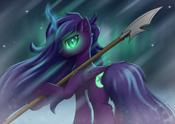 Size: 1754x1240 | Tagged: safe, artist:hugo231929, imported from derpibooru, oc, oc only, alicorn, pony, blurry background, cool, cutie mark, female, glare, glowing, glowing eyes, glowing horn, horn, looking at you, looking back, night, slit pupils, snow, snowfall, solo, solo female, stars, wallpaper, weapon, wings