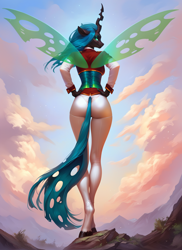 Size: 2048x2816 | Tagged: safe, imported from derpibooru, queen chrysalis, anthro, changeling, changeling queen, unguligrade anthro, ai content, ai generated, butt, clothes, female, generator:pony diffusion v6 xl, generator:stable diffusion, hand on hip, horn, looking back, military uniform, prompter:star-dragon, solo, spread wings, uniform, wings