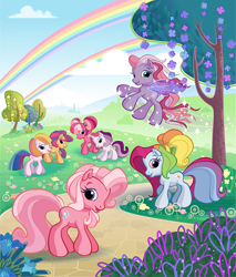 Size: 800x938 | Tagged: safe, artist:kathy carr, imported from derpibooru, cheerilee (g3), pinkie pie (g3), rainbow dash (g3), scootaloo (g3), starsong, sweetie belle (g3), toola roola, core seven, g3, g3.5, rainbows, toola-roola, tree, upscaled