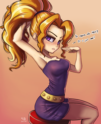 Size: 810x1000 | Tagged: safe, artist:the-park, imported from derpibooru, adagio dazzle, human, equestria girls, arm behind head, armpits, female, gradient background, question, sitting, solo