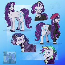 Size: 2500x2500 | Tagged: safe, artist:slapearl, imported from derpibooru, rarity, pony, unicorn, alternate hairstyle, beatnik rarity, beret, blue background, bust, clothes, female, full body, hat, horn, lips, mare, narrowed eyes, portrait, punk, raised hoof, raripunk, shirt, simple background, sweater