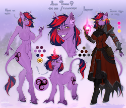 Size: 2650x2280 | Tagged: safe, artist:noizen, imported from derpibooru, oc, oc only, oc:lina phantom, anthro, hybrid, pony, unicorn, armor, big breasts, breasts, claws, clothes, cyrillic, ear fluff, ear piercing, facial scar, horn, horseshoes, leonine tail, long tongue, magic, piercing, reference sheet, scar, slit pupils, smiling, tail, tongue out, yellow eyes