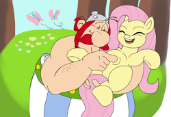 Size: 3150x2160 | Tagged: safe, artist:appulman, fluttershy, butterfly, human, eyes closed, female, laughing, mare, obelix, tickling